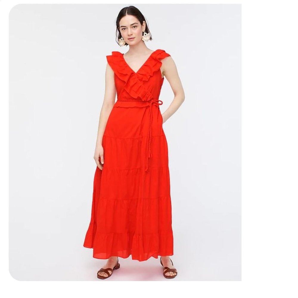 J. Crew Ruffle-front Maxi Dress with Braided Belt, 12, Red-orange